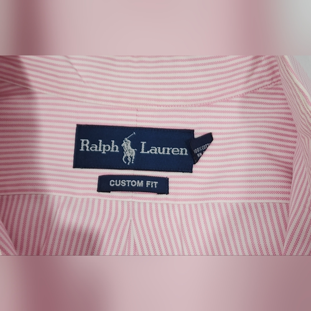 VINTAGE Polo Ralph Lauren Custom Fit Shirt Men's 16 1/2 32/33 Striped Pink White - Picture 12 of 14